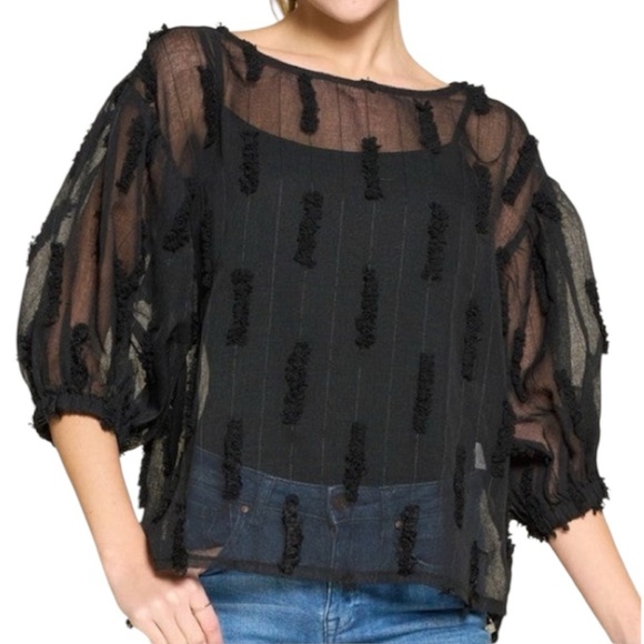 Taupe brown sheer statement puff sleeve pin stripe boxy oversized top M - Picture 3 of 14